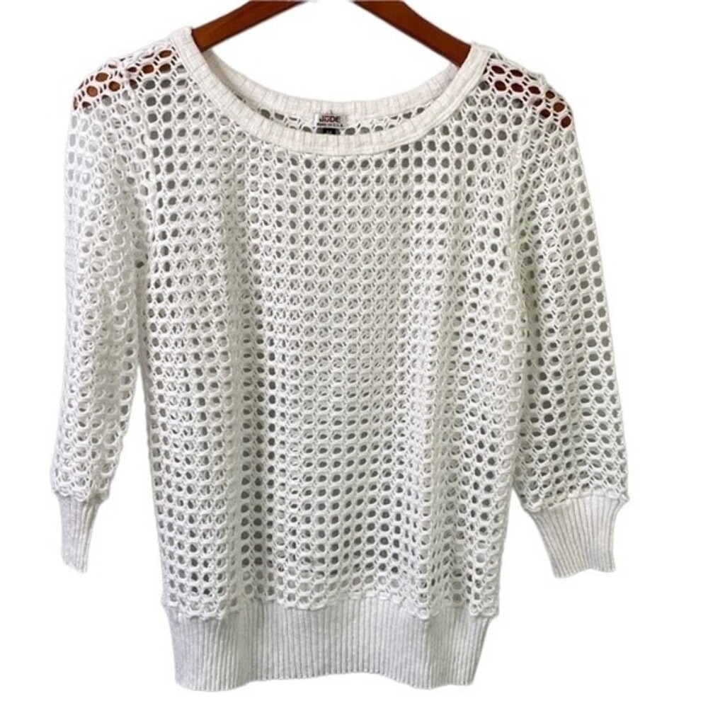 Jude Fishnet Crochet Mesh Top 3/4 Sleeve Layer Pull Over Rib Cuff Cotton Modal